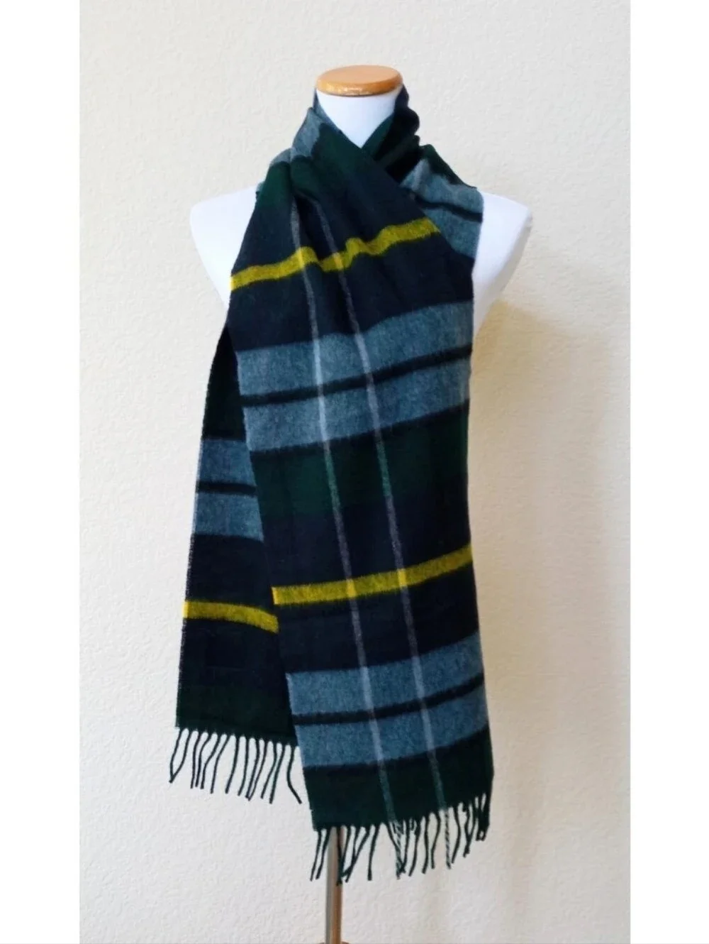 MOON for J. Crew wool plaid scarf in deep green and navy with yellow stripe high